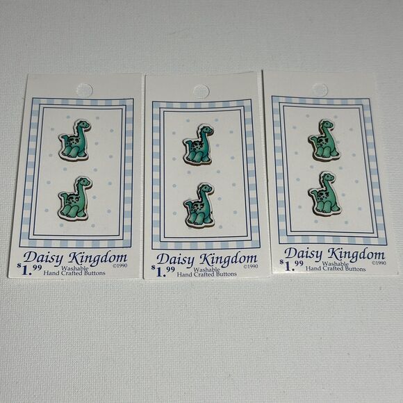 Mary Engelbreit Daisy Kingdom 2-Hole Buttons - 3 Cards Green Dinosaur (pair) Vtg - Picture 2 of 3